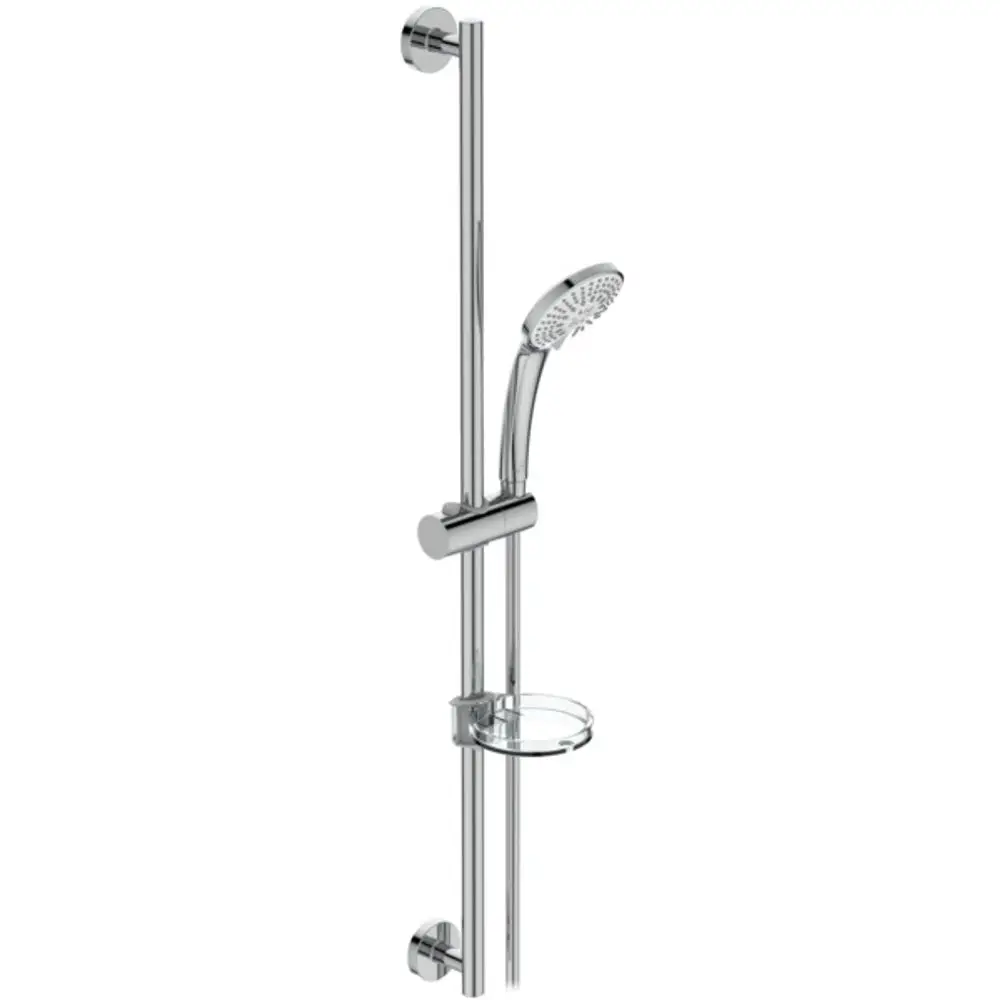 Brausekombination von Ideal Standard, bestehend aus einer Handbrause und Halterung, mit klarer Chrom-Oberfläche und integriertem Ablagekorb.